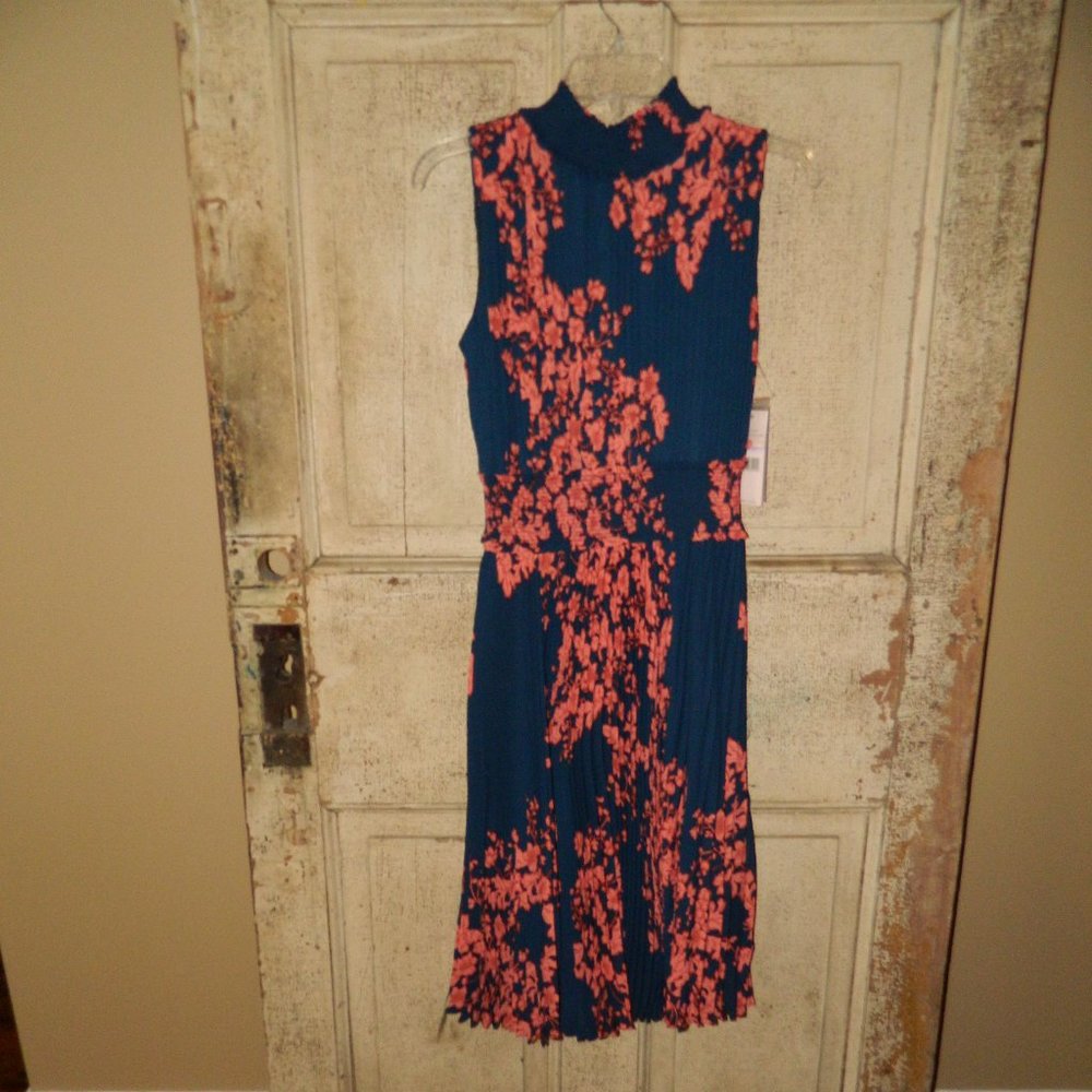 Nanette Lepore Navy Floral Print Pleated Sleeveless Dress Size 6 (AA-27)